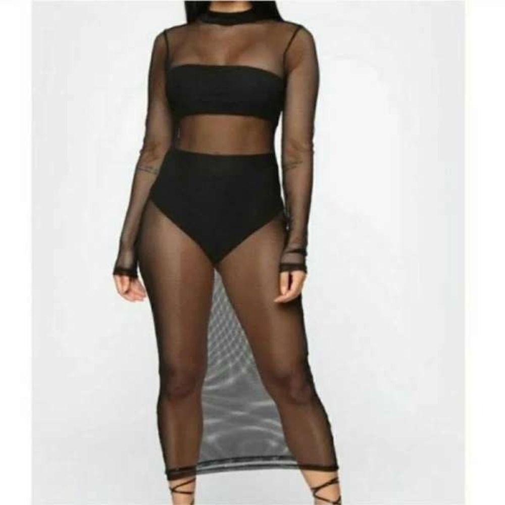 Black Sheer Mesh Midi Dress‎ Mock Neck Long Sleeve Goth Clubwear - IRIS LA sz S